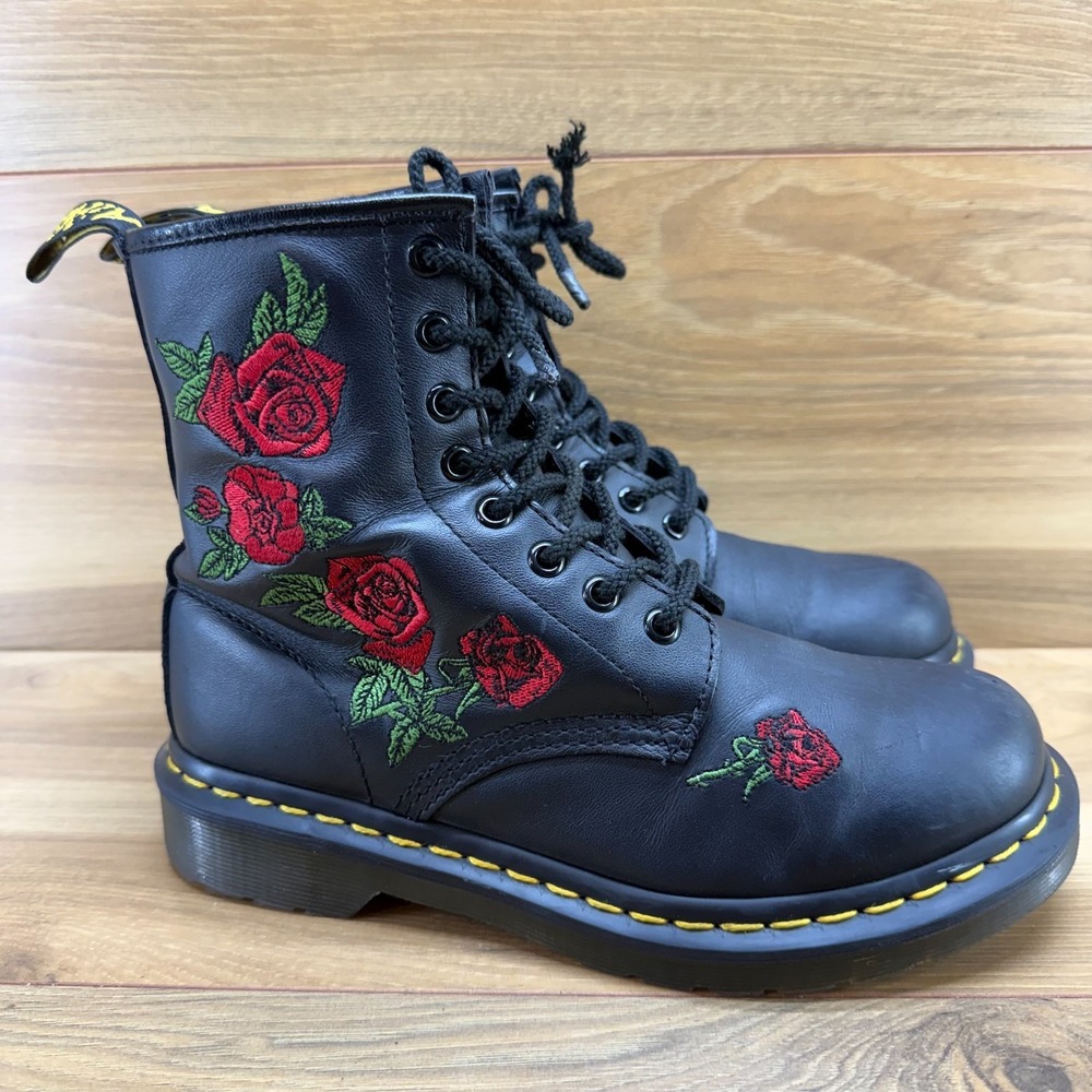 Dr Martens Vonda Comat Embroidered Boots Womens 7 EU 38 Black Leather Rose Red